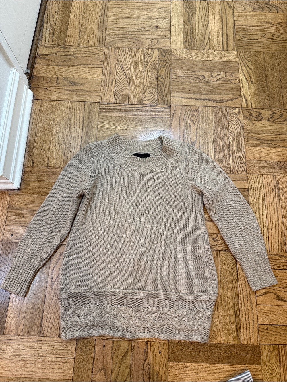 Women’s Oversized Crewneck Cable-Hem Sweater in Beige